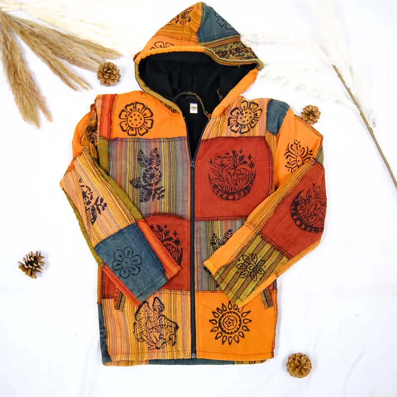 Women's Vintage Handmade Long Sleeve Fleece-Lined Cotton Patchwork Boho Hooded Coat - Plus Size Zip-Up Pullover Clothing with Pockets, Thick Winter Outerwear