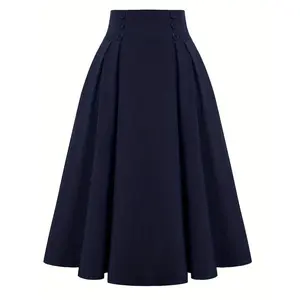 Women'S Classic Navy Flared Skirt, 100% Polyester, Solid Color, Regular Fit, Button Detail, Woven, 180g/m2, Season Fashion