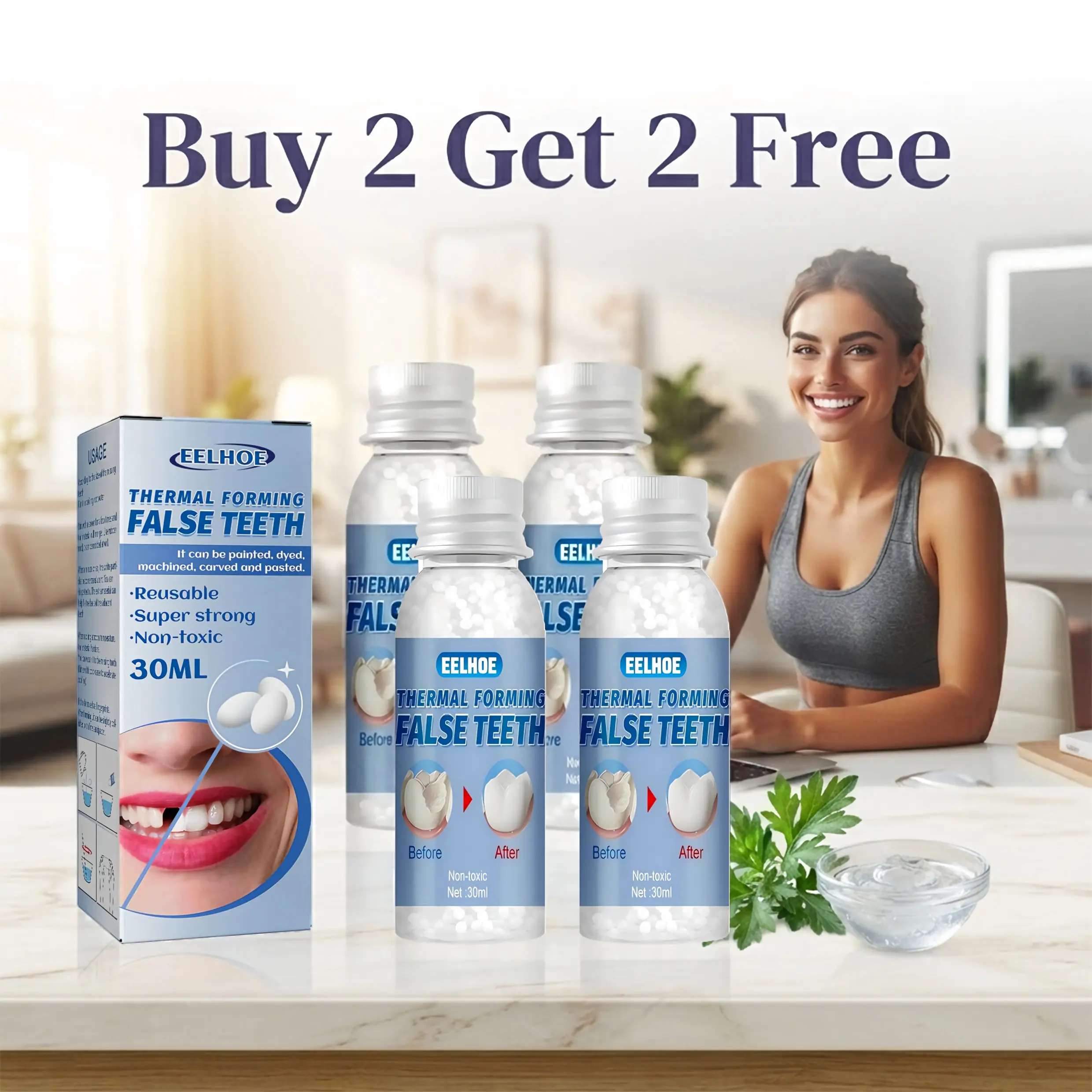 EELHOE 4 Pack Thermal Forming False Teeth Beads 30ml (Buy 2 Get 2 Free), Reusable Moldable Temporary Tooth Repair Kit, Shapeable Dental Filling Beads for Broken Teeth & Tooth Gaps, DIY Natural Smile Dental Veneer Oral Care Solution