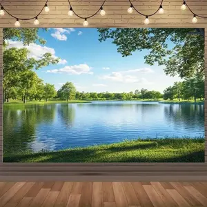 2D Flat, 1pc Extra Large Self-Adhesive Serene Lakeside Scenery Backdrop with Trees, Grass & Blue Sky - Durable Wall Tapestry for Indoor/ Events, Christmas, Halloween, Birthdays, Weddings, Photo Shoots - Calming Nature Landscape Wallpaper, Lake Wall Mural,