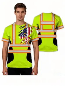 Men's Casual Sporty American Flag Mock Electrician Workwear Pattern T-Shirt, Vibrant Street Style, Breathable Round Neck, Summer Top