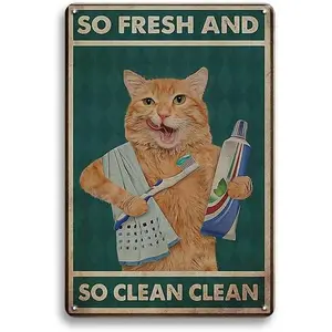 Vintage 12x8 in Waterproof Tin Bathroom Wall Decor Plaque - Funny Metal Sign with Orange Feline Brushing Teeth & Washing Face, Door Gift for Cat Enthusiasts