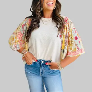 Women's Beige Floral Patchwork Batwing Sleeve Blouse, Casual Half-Sleeve Crew Neck Top, 65% Cotton Soft Breathable Fabric, Loose Fit Boho Style Shirt for Everyday & Summer Vibes,Women's Beige Floral Patchwork Half-Batwing Sleeve Blouse