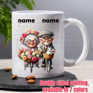 2026  1pc Personalized Photo & Text Custom Name/Number Mug - Elderly Couple & Cat Design, 7 Color Options, & Slip-Resistant Cup, Upload Your Own Photo, Ideal, Christmas,, Valentines -