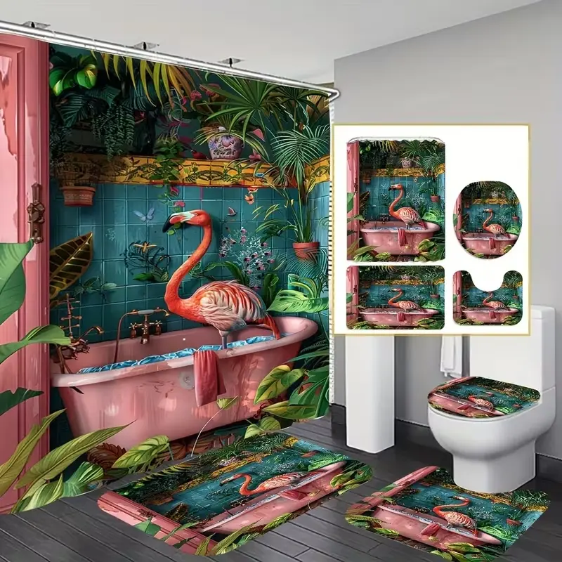 1/4pcs flamingo pattern shower curtain set for the bathroom, including non-slip mat, U-shaped rug, and toilet seat cover. Perfect for bathroom decoration, partitioning, and beautifying the space. Comes with 12 shower curtain hooks.