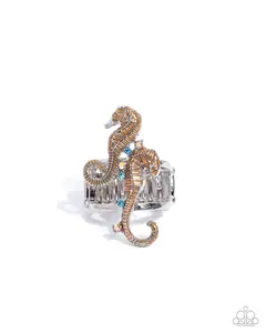 Seahorse Specialty - Orange Iridescent Rhinestone Silver Beachy Ring - Paparazzi