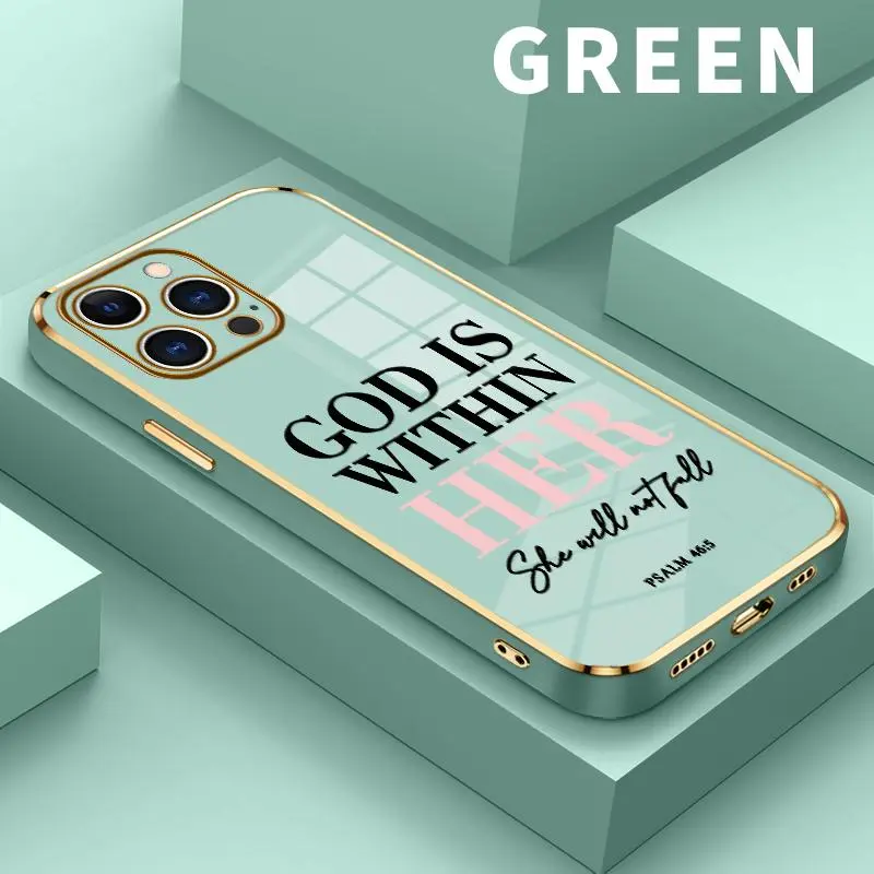God Is Within Her: She Will Not Fall Phone Case for iPhone 17 16  Pro Max 15 Plus 14 13 12 11 Air Electroplated Four-corner Shockproof Non Slip Military-Grade Protection Silicone Cover