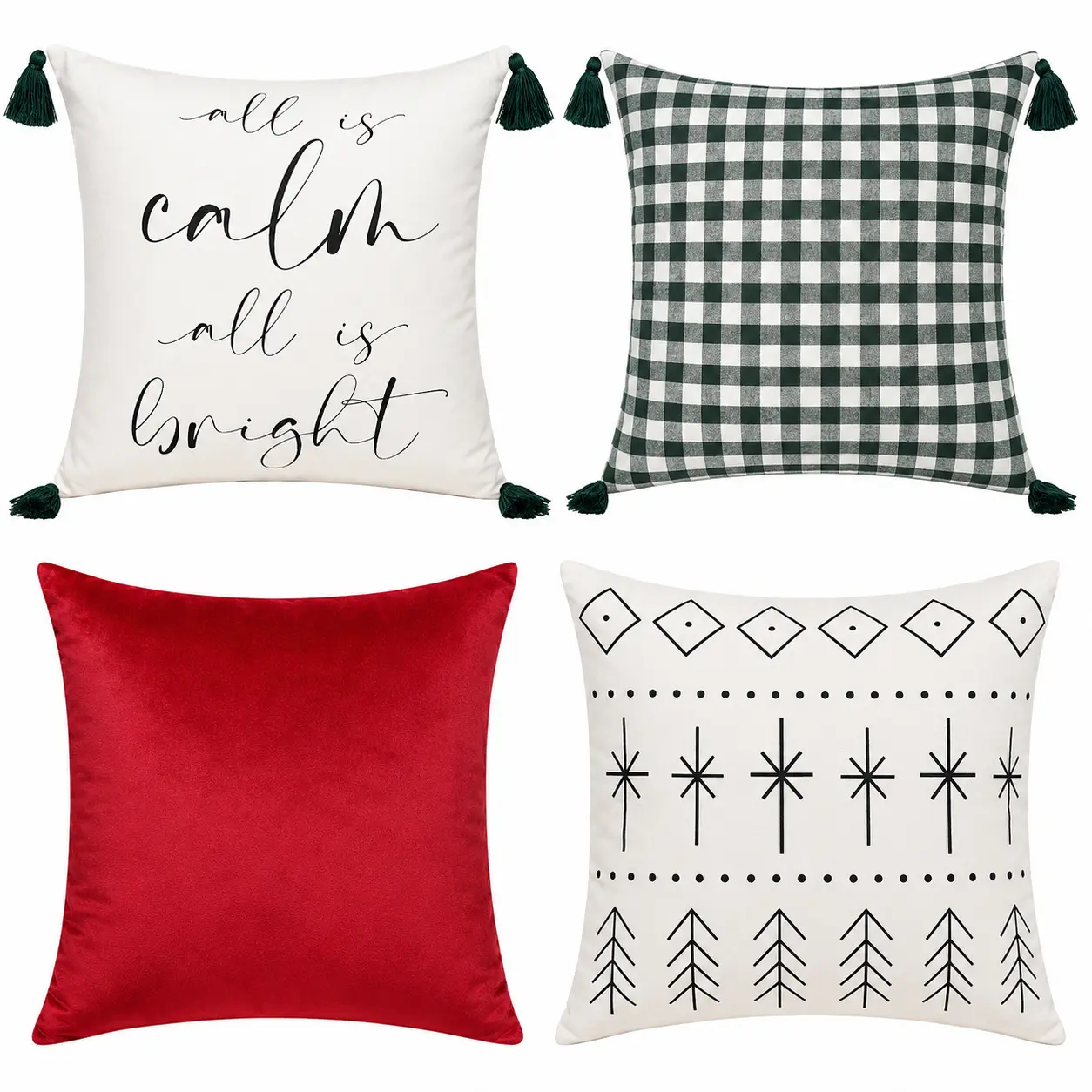 Joy Christmas Pillow Covers 18x18 Inch Set of 4 Modern Farmhouse Holiday Decorations Red Green Black White All Is Calm All Is Bright Xmas Cushion Cases for Couch Winter Decor