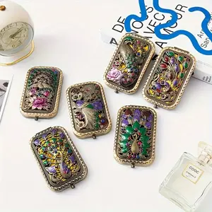 Vintage Peacock Mirror,Coquette Retro Embossed Pocket Mirror, 1X/2X Magnifying Portable Compact, Ornate Victorian Style Folding Makeup Mirror, Perfect Bridesmaid Gift