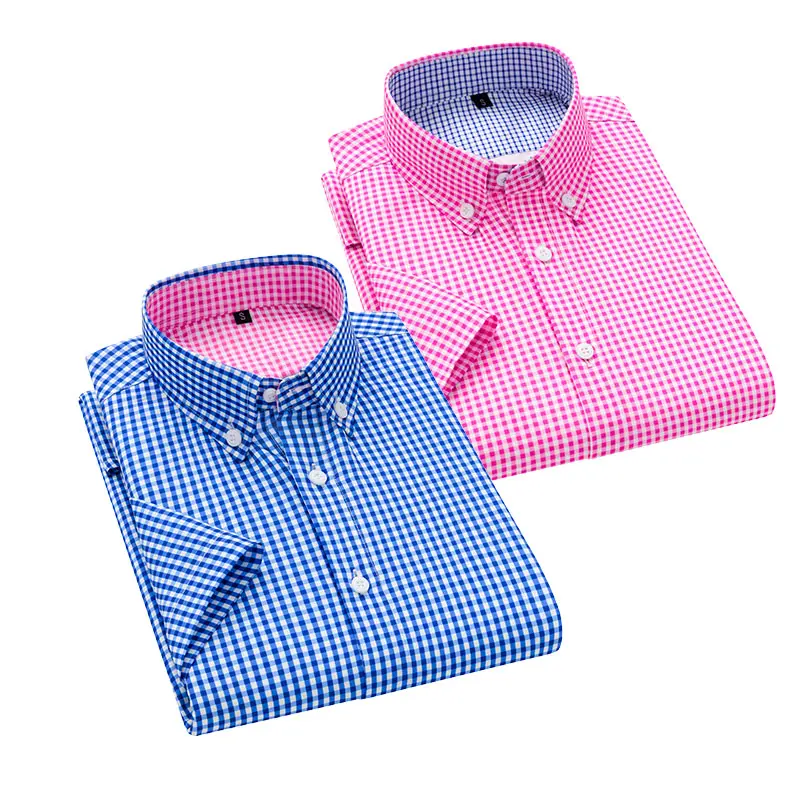 2-pack men’s plaid short-sleeve shirts, British business-casual style, breathable, skin-friendly, wrinkle-resistant fabric, classic small check pattern with button-down collar details, tailored fit that flatters figures, suitable for commuting, work, ever