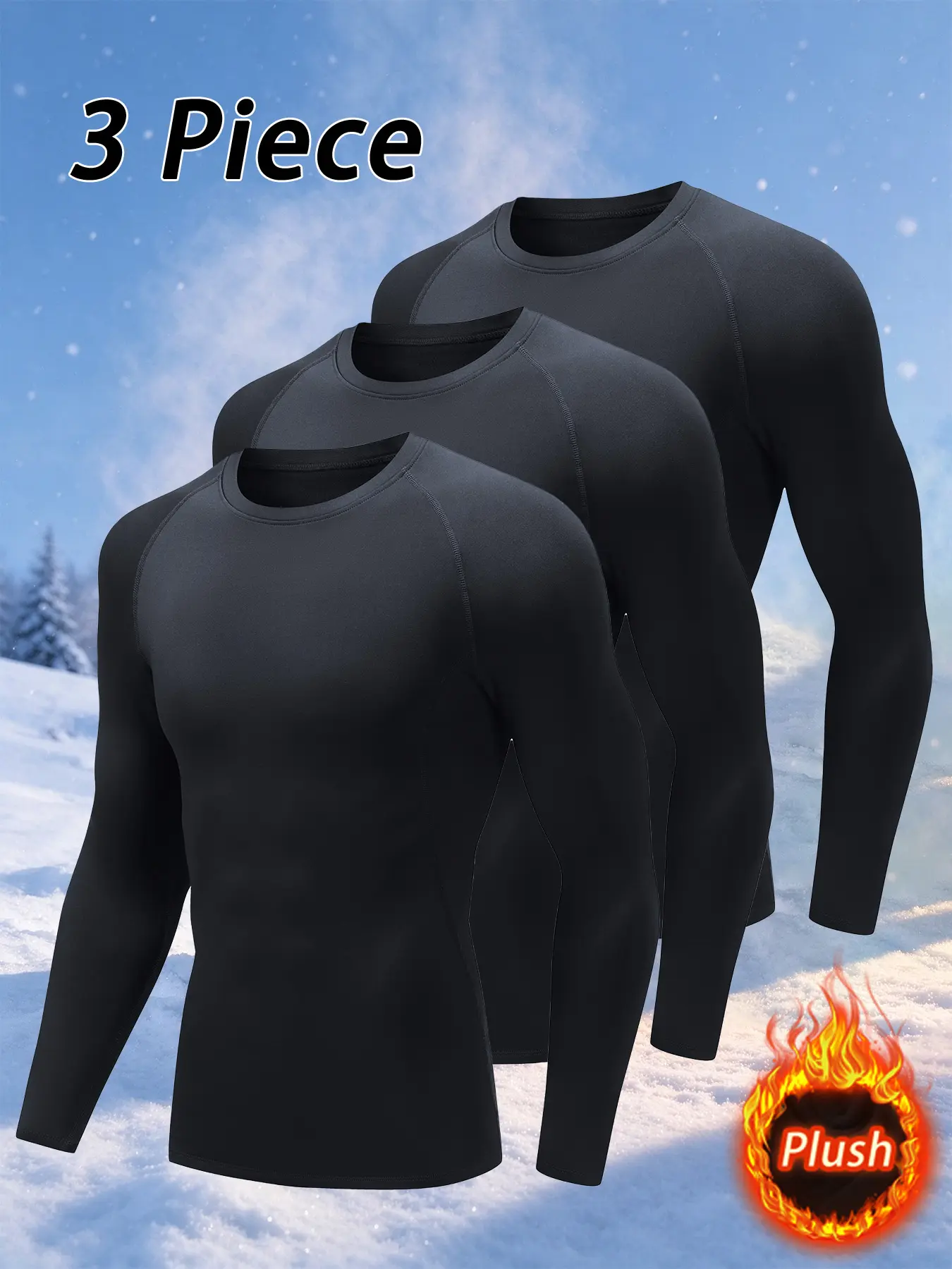 Men's 3 Piece Fleece Lined Thermal Long Sleeve Shirts, Sport Compression Base Layer Tops, Fitness Homewear Sleepwear Tops for Winter Workout
