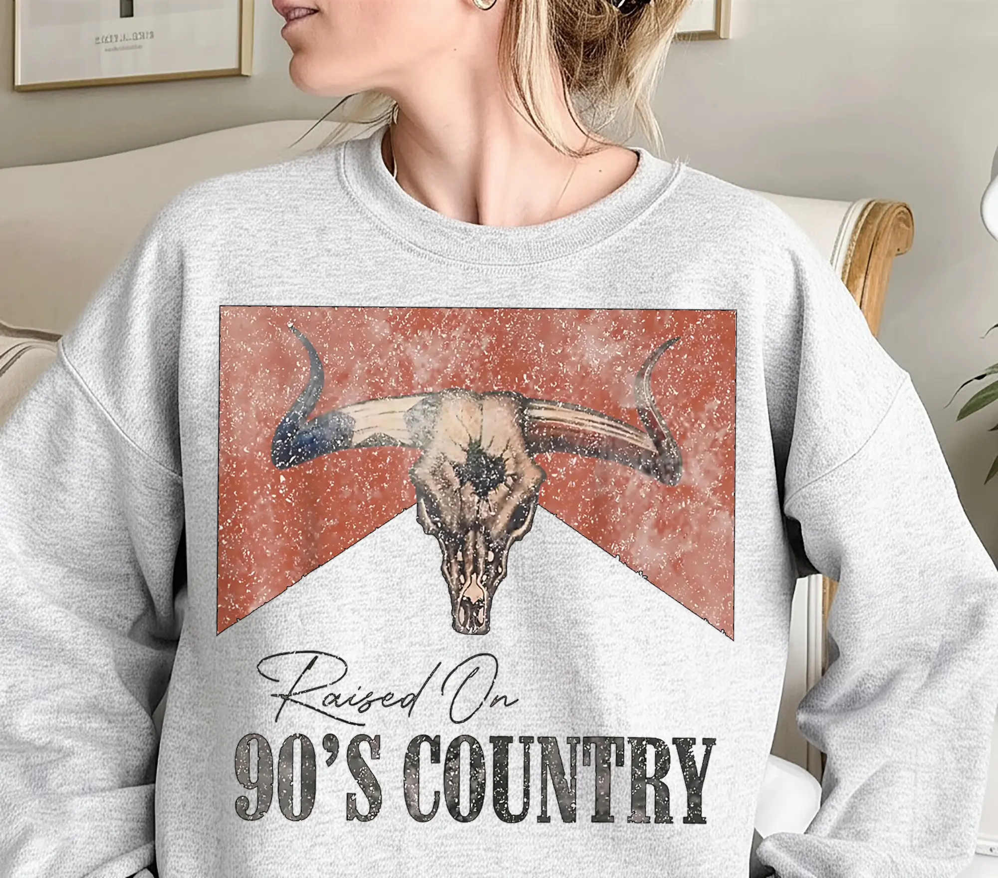 Vintage Western Bull Skull Raised On 90's Country Music Sweatshirt