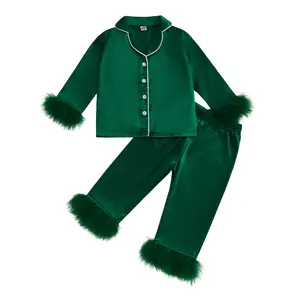 Two Piece Baby Girl Satin Pajamas Feather Trim Button Up Pajamas Sleeper Silk Shirt Long Pants Toddler Pajamas Nightgown