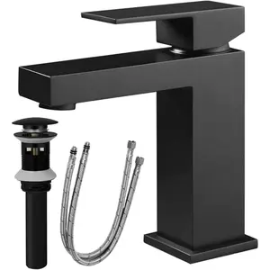 Single Handle Bathroom Faucet, Matte Black Single Hole Bathroom Faucet, Solid Brass Modern Bathroom Sink Faucet Basin Vanity Square Bathroom Faucet with Pop-up Drain & Water Supply Hoses On-Site