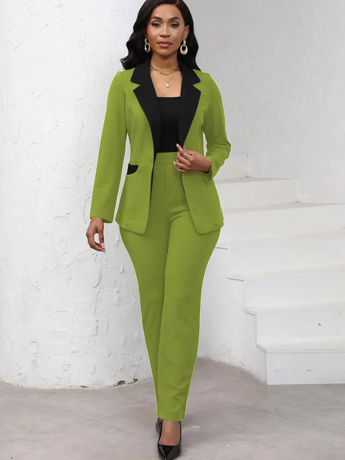 Women's Colorblock Blazer & Straight Leg Pants Set, Elegant Two-piece Set for Work Office Essential Business Attire, Ladies' Suits for All Seasons