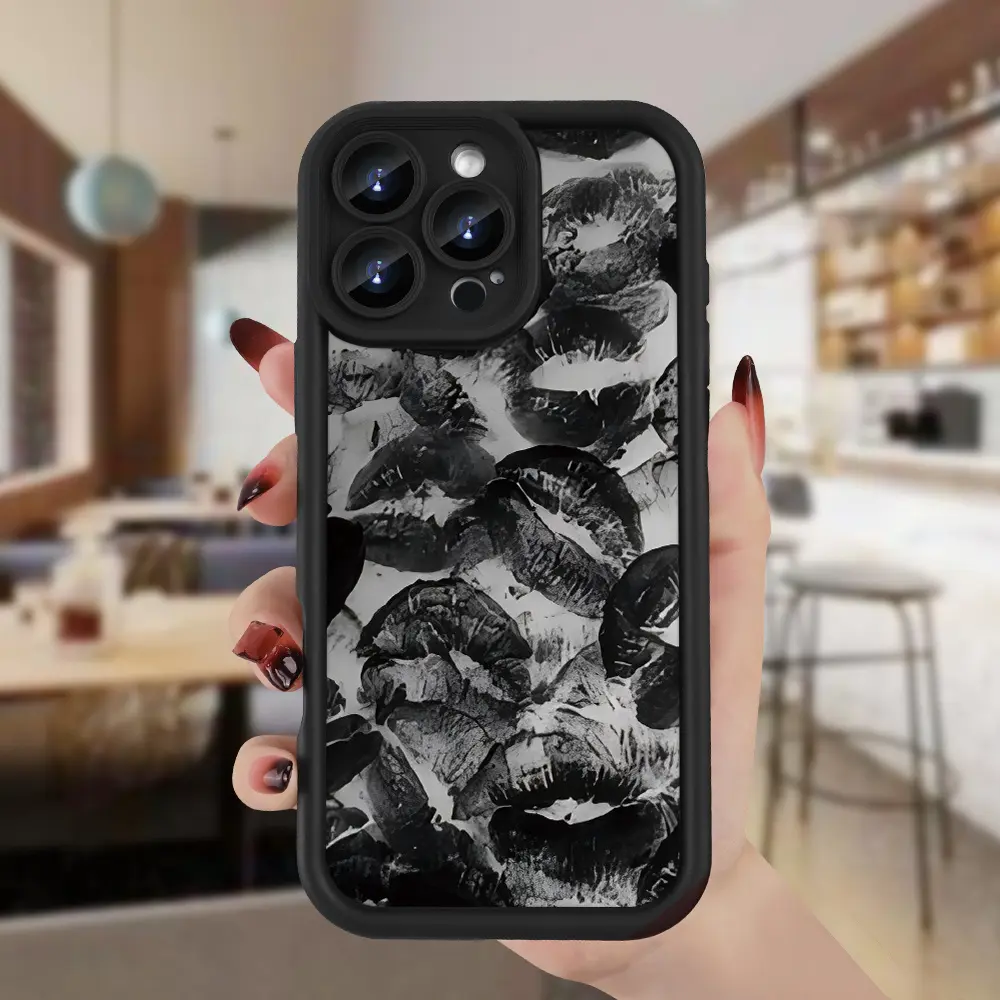 Kiss Mark Pattern Printed Fashion Trend TPU Phone Case - Concave Black Soft Protective Mobile Phone Accessory, Gift for Birthdays/Holidays, Compatible with iPhone 11,12,13,14,15,16 Plus Pro, Accessories
