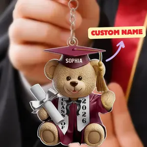 Personalized Graduation Teddy Bear Acrylic Keychain, Custom Name Class of 2026 Graduate Bear Charm, Cute Senior Graduation Gift Keepsake
