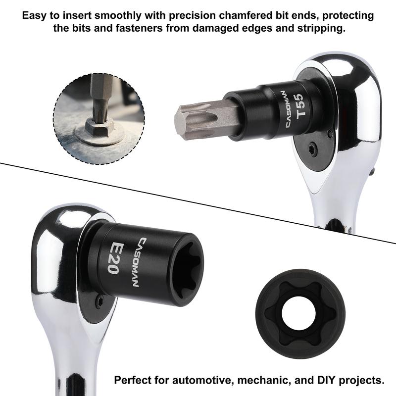 CASOMAN 32-Piece Torx Bit Socket and Female External Socket Set, 14 Star Bits (T8- T70) and 13 Female E-Torx Sockets (E4-E24), Include 5 Impact Socket Adapter Hex Combination Wrench Torque Screwdriver Wrench#TikTokShopBlackFriday