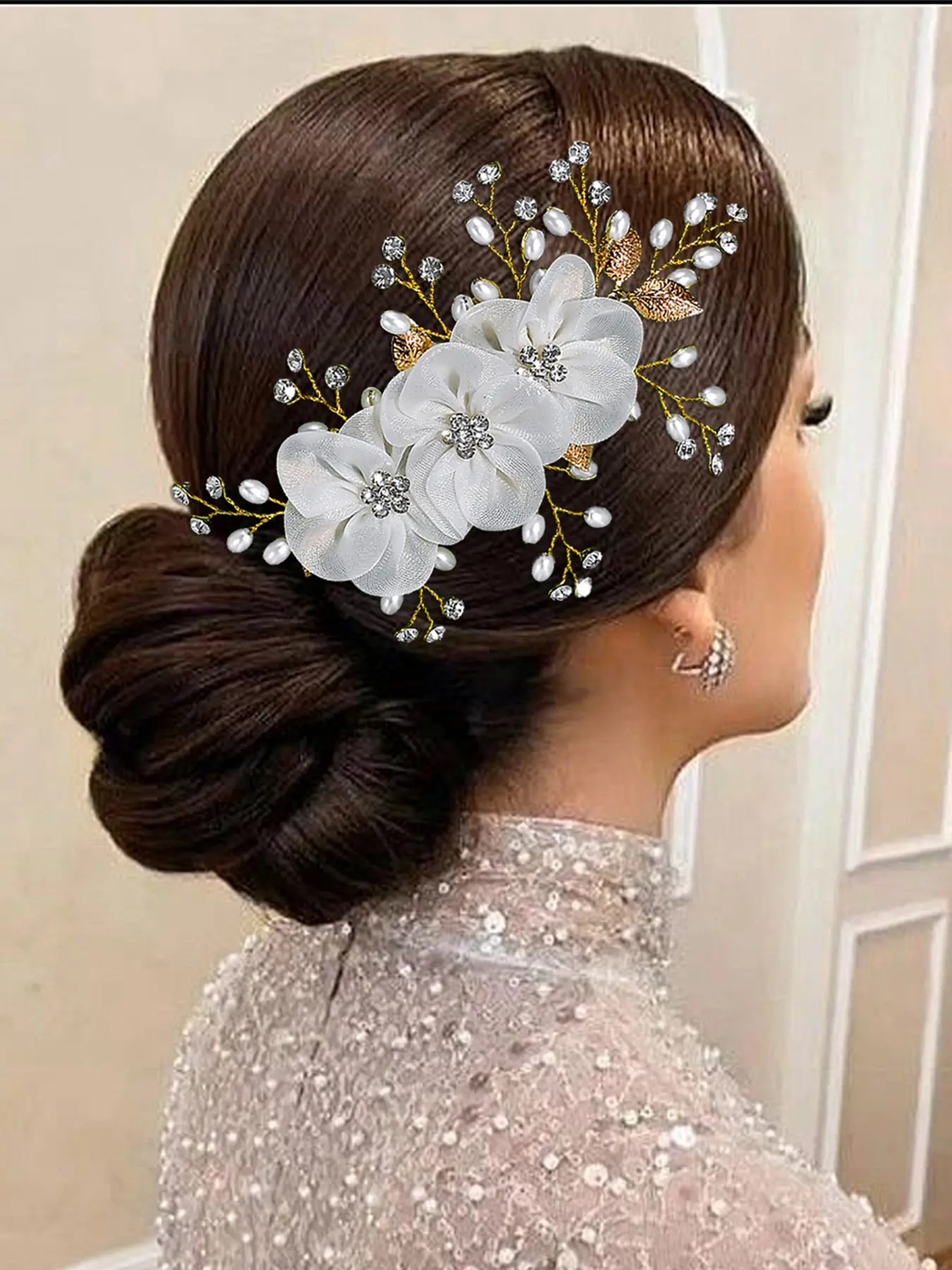 Women's Elegant Bridal Hair Comb with Faux Pearls & Flowers Decoration, Perfect for Wedding Party Photography Accessories