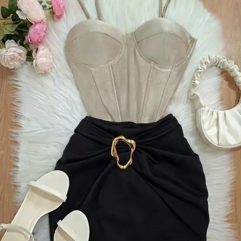 2 Piece Women's Strapless Bodysuit and Ruched Short Skirt Set, Womenswear Top, Fitted Bodycon with Metallic Accents, Stylish Women's Fashion Outfit, Clothes, Style Icon Set, Two Pieces Sets
