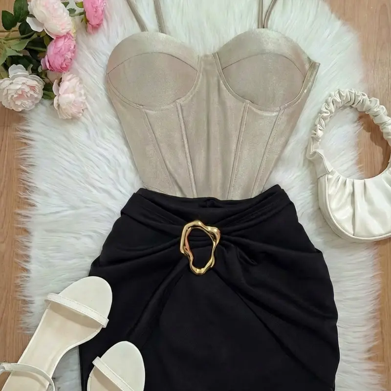 2 Piece Women's Strapless Bodysuit and Ruched Short Skirt Set, Womenswear Top, Fitted Bodycon with Metallic Accents, Stylish Women's Fashion Outfit, Clothes, Style Icon Set, Two Pieces Sets