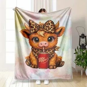 Cute Highland Cow Flannel Blanket Dr Pepper Soda Fan Art Leopard Print Bow & Scarf Pattern Cozy Soft Plush Fleece Lightweight Warm Bedding Perfect for Living Room Sofa Couch Bedroom Decor Travel Companion Unique Gift for Him Her