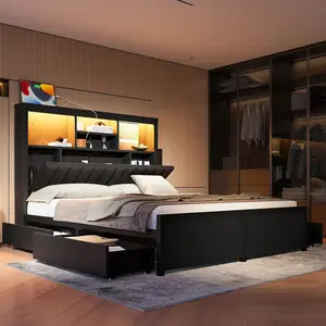 King Bed Frame with Storage Drawers & High Storage Headboard, Metal King Size Bed Frame with Headboard, LED Light & Charging Station, Black King Size Bed Frame, No Box Spring Needed（Black）