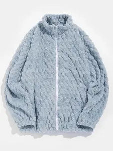 Men's Solid Color Star Embroidery Zip Up Fuzzy Jacket, Loose Casual Long Sleeve Stand Collar Polar Fleece Outerwear, Casual Zipper Coat for Fall & Winter, Men's Clothes for Daily Wear
