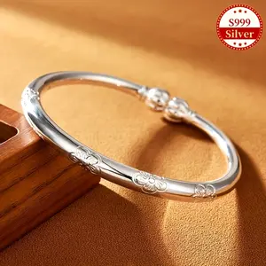 Tribal Simple Style S999 Sterling Silver Bracelet, Unplated - 999 Pure Silvery Jewelry, Suitable For Women'S Daily And Gift Giving, Ideal For Mother'S Day, Appropriate For All Seasons, Silvery Weight 30 Grams/1.06 Ounces