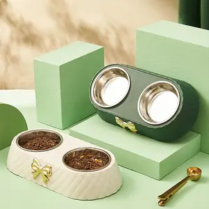 Bow Pet Bowl Set, Stainless Steel Dual-Bowl Design, Anti-Tip Non-Slip Cat Dog Feeding Dish, Luxurious Plastic Outer Shell
