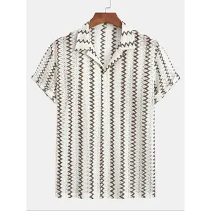 Men's Chevron Pattern Hollow Out Jacquard Short Sleeve Shirt, Loose Casual Comfy Collared Breathable Button Front Lapel Neck Top for Summer, Men's Clothes for Beach Vacation