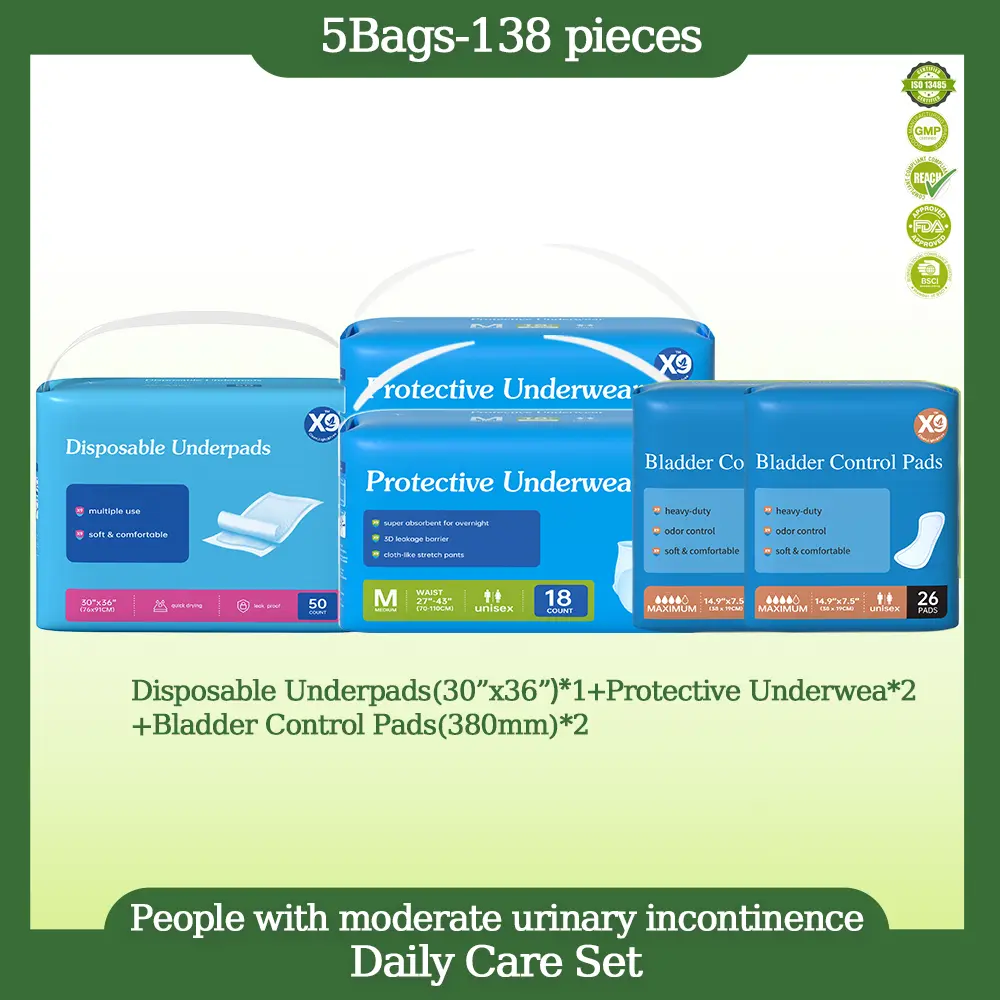 X9 People with moderate urinary incontinence Daily Care Set,Including  Adult care pad30"x36",Bladder Pads and Adult Diaper-2Bags,Soft and gentle to the skin, it absorbs quickly. Suitable for people who are bedridden for a long time, including the elderly.
