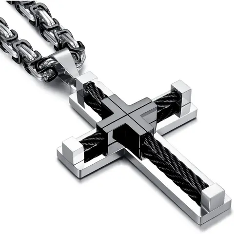 FLORIDECO Men's Solid Stainless Steel Byzantine Cross Necklace, 24in-24 in Fit Adjust Chain (180mm-190mm), Elegant Non-Tarnish Pendant, Durable Accessory for Daily Wear, Anniversary Gifts