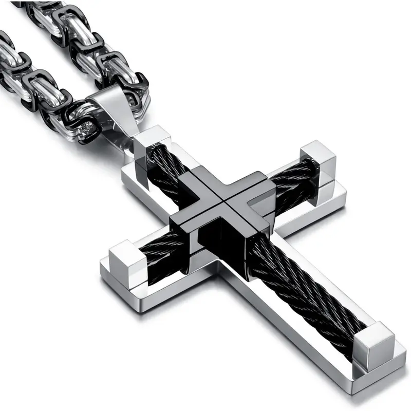 FLORIDECO Men's Solid Stainless Steel Byzantine Cross Necklace, 24in-24 in Fit Adjust Chain (180mm-190mm), Elegant Non-Tarnish Pendant, Durable Accessory for Daily Wear, Anniversary Gifts