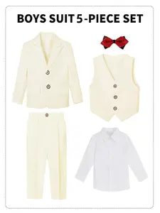 Boys 5-Piece Suit Set | Slim Fit Formal Outfit with Elastic Waist for Kids 100-150cm | 6 Colors Available | Perfect for Wedding Piano Recital Birthday Party Graduation