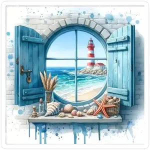 5D DIY Full Drill Round Diamond Painting - Diamond Art Kit Window, Seascape, Lighthouse Mosaic, Canvas - DIY Decorative Painting, Home Wall Decor, Suitable for Halloween and Christmas, Birthday and Anniversary Gifts