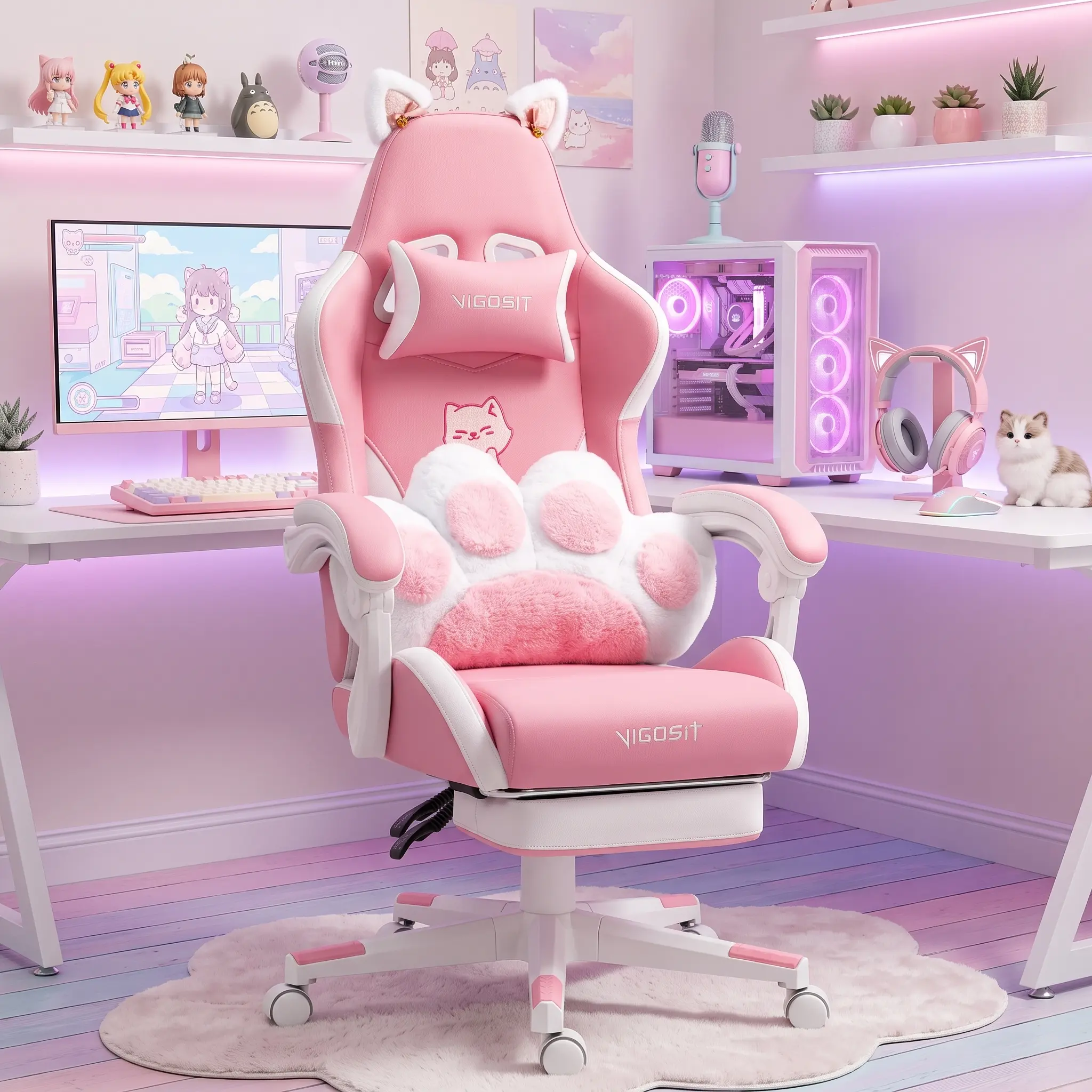Kawaii Cat Ears Pink Gaming Chair with Footrest - Ergonomic PU Leather Reclining Computer Office Chair for Women & Teens, 310lb Heavy Duty Capacity, 90°-155° Recline, 3D Paw Lumbar Support Pillow, 360° Swivel Cute Desk Chair for Streaming & Studying