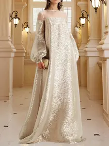 Plus Size Women's Elegant Metallic Foil Long Sleeve Dress for Christmas Party Autumn Winter New Year Holiday Formal Womenswear Basic Minimalist