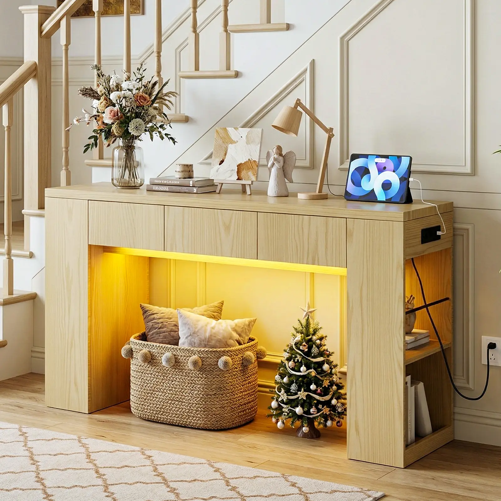 DAYAGO 63" Entryway Table with Outlets and LED Light, Narrow Console Table with Storage Behind Couch, Farmhouse Entry Way Tables with Open Storage for Entrance/Hallway/Living Room, Natural Oak