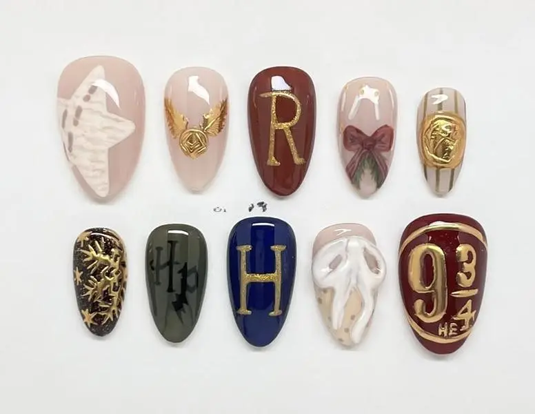 Witch Press On Nails, OHedwigger RHarrylish Golden Snitcher AmiGryffindoratorySweater Handmade 3D Reusable Acrylic Gel False Nails, Wizard Nail Art Gift for Women | FREE Adhesive Tabs FREE Nail File FREE Cuticle Stick