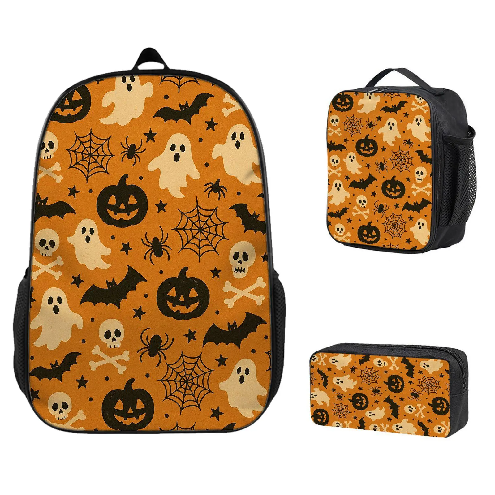 3-Piece Lightweight Casual Backpack Set - Insulated Meal Bag, Pencil Case,Halloween Pumpkin Ghost Bat Skull Spider Web PatternAnime gifts, children will definitely love high-quality backpacks
