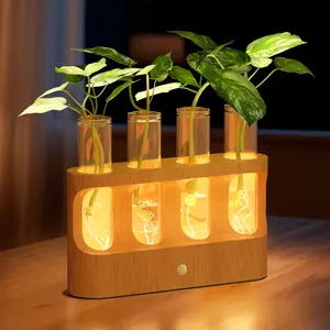 Lightalent Rechargeable Plant Propagation Station with Stepless LED Light, Wooden Stand & 4 Propagation Test Tubes, Hydroponic Plant Terrarium for Indoor Home Decor, Gift for Plant Lovers and Mothers