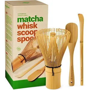 Matcha Whisk Set - (Chasen), Traditional Scoop (Chashaku), Tea Spoon. The Perfect Sets to Prepare a Traditional Cup of Japanese Tea, Handmade from 100% Natural Bamboo