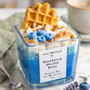 Sugar High Candle Co. Blueberry Waffle Dessert Candle 13oz Hand Poured Soy Wax with Realistic Waffle Berry Embeds