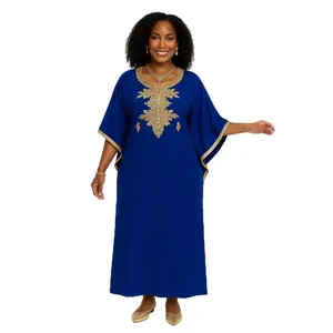 Moroccan Cotton Caftan Dress for Women – Handmade Blue Long Kaftan Maxi Dress, Traditional Middle Eastern Boho Lounge Gown, Modest Embroidered for Eid, Wedding, or Resort Wear