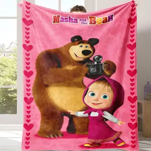 Masha and the Bear Blanket - Ultra-Soft Pink Flannel Throw for Kids. Cute Cartoon Hearts Pattern. 50x60 Fleece Bedding for Nursery & Toddler Room Decor. High-Definition Print.