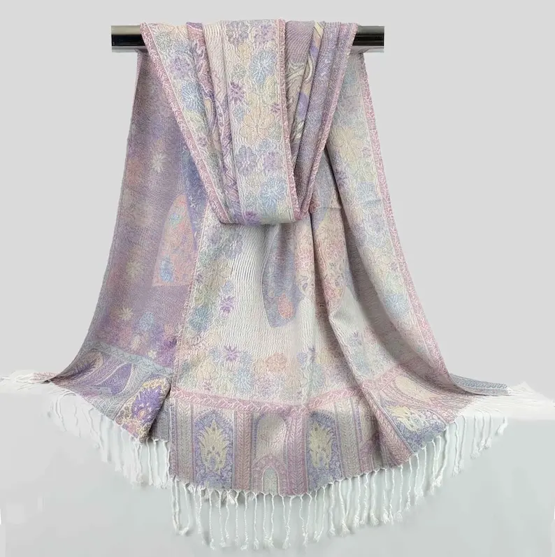 Festival Pashmina Scarf | Floral Off White Pashmina Wedding Accessories Rave Scarf | Bohemian Shawls & Wraps