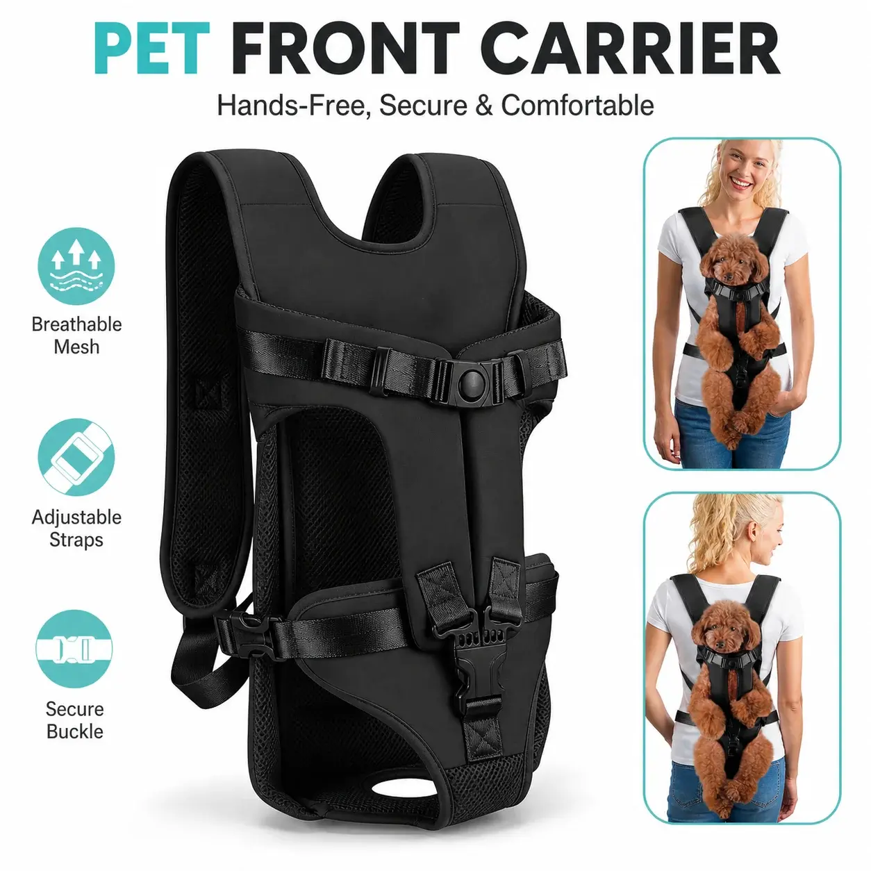Dog Carrier Backpack for Small Dogs, Hands-Free Front Chest Puppy Carrier with Breathable Mesh and Adjustable Straps for Walking Hiking Travel