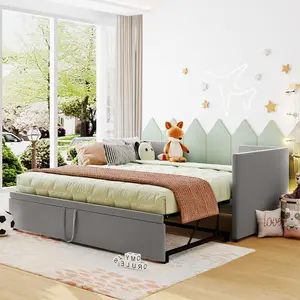 Upholstered Twin Daybed Frame with Pop up Trundle, Twin Size Daybed Frame with Extendable Trundle, Tufted Sofa Bed with Wood Slat Support for Bedroom, Living Room (Grey)