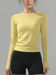 Women's Yoga Workout Top, Slim Fit Long Sleeve Round Neck, Breathable Stretch Fabric, High Waist Design, Ideal for Running & Pilates, Breathable Workout Tops